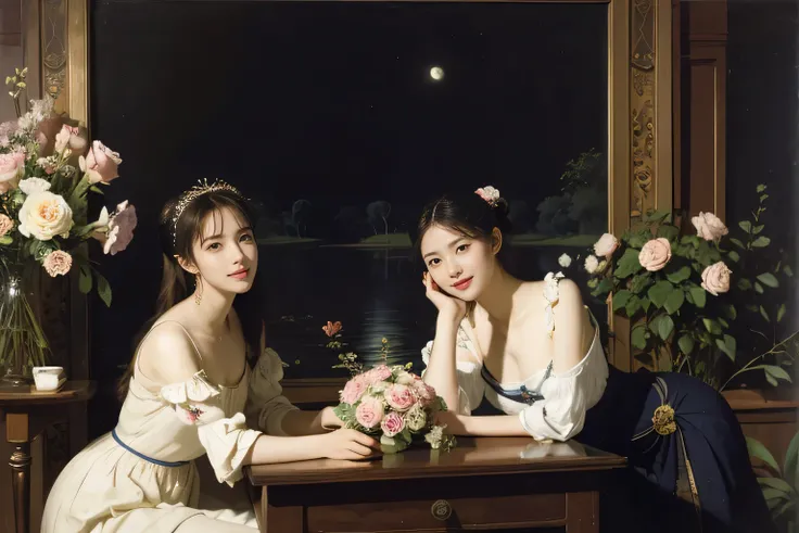 James Whistler painting style,Arguments of two female Philosophe,math、astronomical machine、astronaut、roses in vase、fruits、Cute trinkets、smile、ancient greek costume、Background is a forest lake at night 、Clothes that stretch your shoulders、A big smile