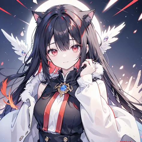 (((Fantasy Black Hair Dye the inside of your hair red Long Hair Dull red eyes Cat ear Beastman Pad))) ((I have a crystal uniform Put on a coat without putting your arms through it Wings many times larger than mine Center close-up)) ((Smile gloves)) (Light ...