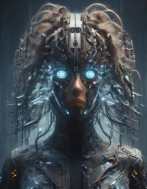 cyberpunk queen,symmetrical face,symmetrical body,flowing hair with computer circuits,portrait,muted colors,character concept,border and embellishments inspiried,fractals,galaxy cyberpukai fractalvines circuitboard by diegocr,teslapunkai 