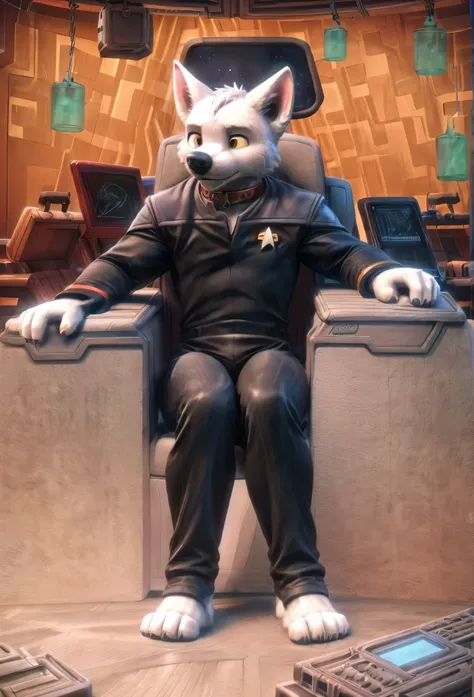 (((Barefoot furry character, full body, cinematic setting, furry male, plantigrade)))
(((Bolt))) (anthro dog with white fur, very cute and young looking face, big black snout), exudes confidence and authority as he sits in the captains chair, and his Sta...