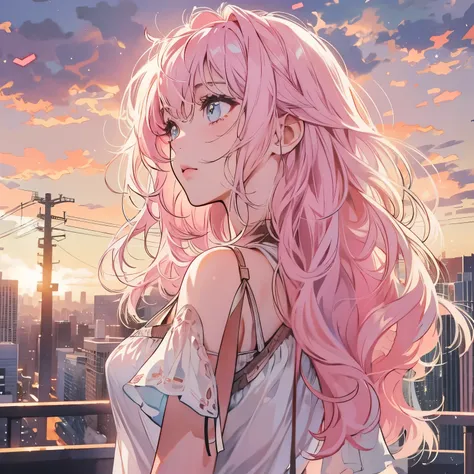 Upper Body, 1 female, Top quality, 14K, Wind Blow, White Camisole, Sunset, Skyscraper, Power lines, pedestrian crossing, symbol,(((Bright Eyes))), (((mystery))), Light pink hair, Detailed hair, Detailed background, Top quality, Lighting, Backlight, dim, cl...