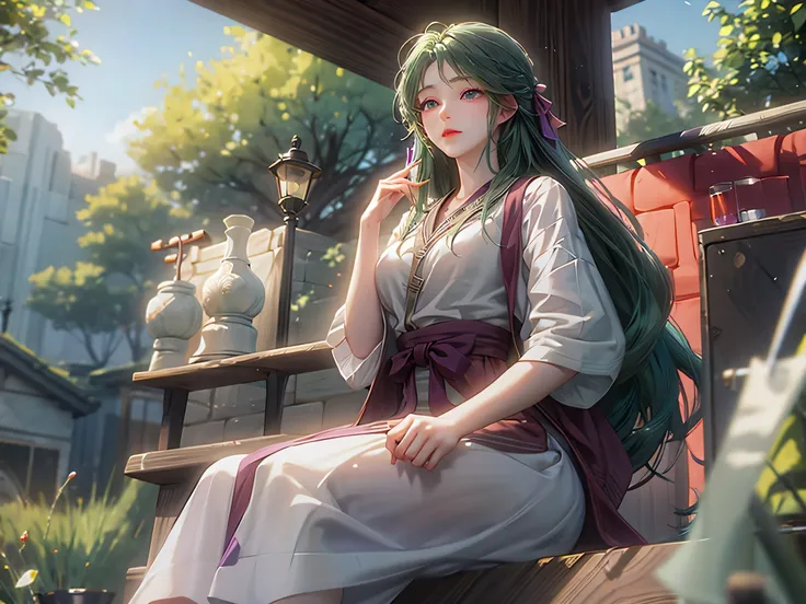 green hair, purple eyes, school clothes, sitting in a cafe
