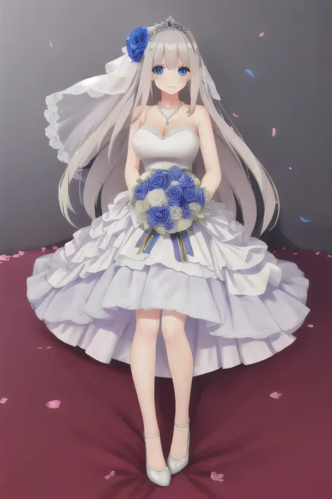 (((Best quality))),((Ultra-detailed)),((illustration)),((Disheveled hair)),((frilld)),(1 girl),(Solo),1girl,
1girl,
blue bow,
blue eyes,
blue flower,
blue ribbon,
blue rose,
bouquet,
breasts,
dress,
flower,
gradient,
gradient background,
grey ...