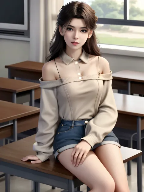 ((HRD, HUD, 8K)),((masterpiece, best quality)), highly detailed, soft light, 1girl, solo, long hair, brown hair, black hair, hair ornament, black eyes, brown eyes, lips, (off-shoulder sweater:1.2), denim shorts, blurry background, classroom, chalkboard, si...