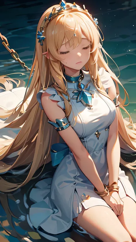 blonde hair, parted bangs, very long hair, crystal hair, tiara, anchor choker, closed eyes, tears, annoyed, glowing light, masterpiece, accurate, textured skin, super detail, best quality, high details, Chained to the ground, ((Andromeda, the princess in c...