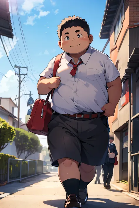 cute fat boy standing in front of the school，wear school uniform，overweight，a faint smile ，carrying a bag，