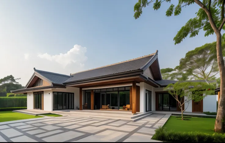 picture a modern countryside villa exterior in vietnam, featuring a sloped roof, ((stone)), traditional vietnamese elements, a s...