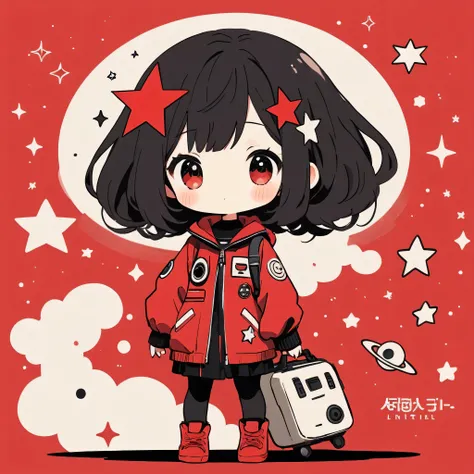 Black Star Red and White style, Simple Line Initialism，Abstract art，Kawaii Design, The most beautiful girl of all time、Chibi, Cute Alien、Space Travel、