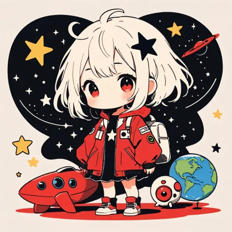 Black Star Red and White style, Simple Line Initialism，Abstract art，Kawaii Design, The most beautiful girl of all time、Chibi, Cute Alien、Space Travel、