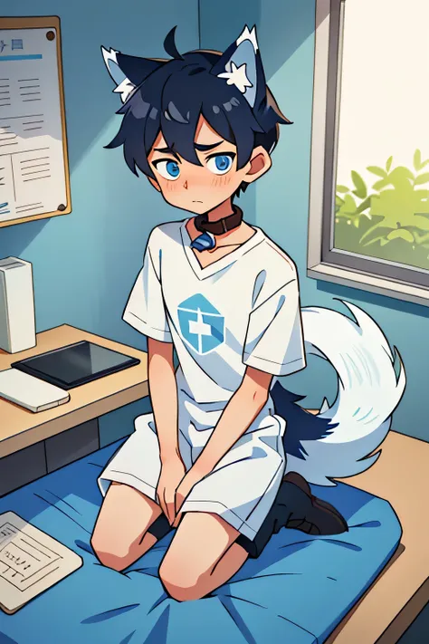 Young man, 16 years old, slim, short hair, lab, shy, blush nose, full body
  A hospital patients shirt, collar, is on the table, (expression of uneasiness), looking at the viewer, blue eyes, (wolf ears, wolf tail), alone,