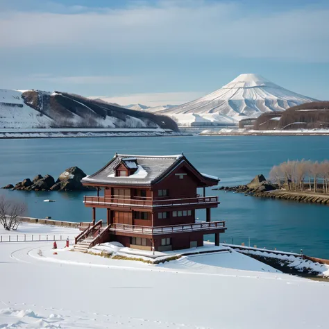 hokkaido reference, freezing sea, hokkaido sea sight, japan, japanese architecture, snow