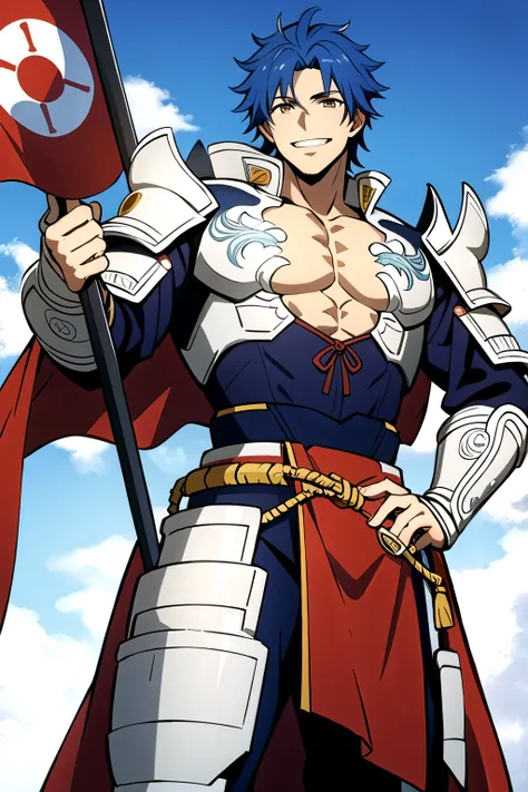 (masterpiece, best quality:1.2), 1boy, naotora takeda, orient, male focus, armor, 
belt, blue hair, shoulder armor, holding, looking at viewer, pectorals, chinese world, blue sky, sky, shining sky, smile, solo , yellow eyes