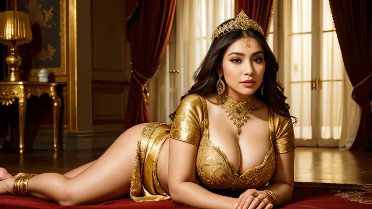 (best quality,4k,highres,masterpiece:1.2),ultra-detailed,realistic:1.37,beautiful and regal Javanese queen with hijab,dark and luxurious palace backdrop,beautiful detailed eyes and face,long eyelashes, big huge breasts with bra, voluptuous and curvy figure...