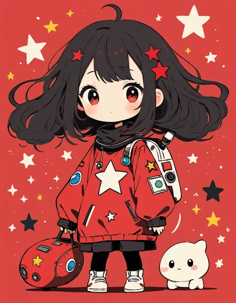 Black Star Red and White style, Simple Line Initialism，Abstract art，Kawaii Design, The most beautiful girl of all time、Chibi, Cute Alien、Space Travel、