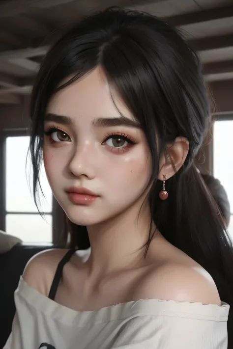 Amazing portrait of a sexy woman with a beautiful face emphasised by amazing makeup and black hair and seductive eyes in an intense gaze with her mouth parted and a deep blush on her face as shes flustered wearing an off shoulder t shirt