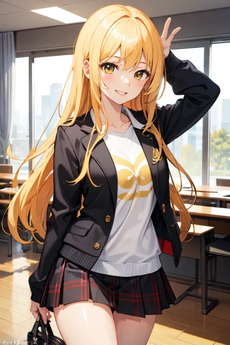 ((Highest quality)), ((masterpiece)), (detailed), high school girl, Lewd,Naughty plain clothes，Yellow Hair Long，Returning home，Nice body，smile