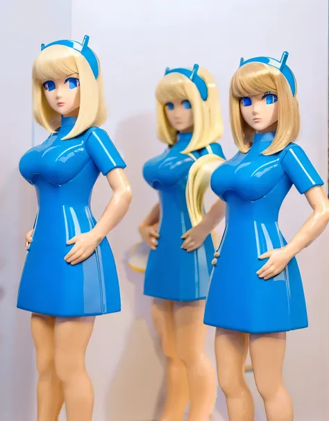 mass-produced android housewife assembly line, plastic skin, blonde hair, blue eyes, blue dress, empty eyes, blank stare, large ...