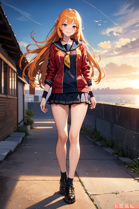 ((Highest quality)), ((masterpiece)), (detailed), high school girl, Lewd,Naughty plain clothes，Orange long hair，Returning home，Nice body，smile