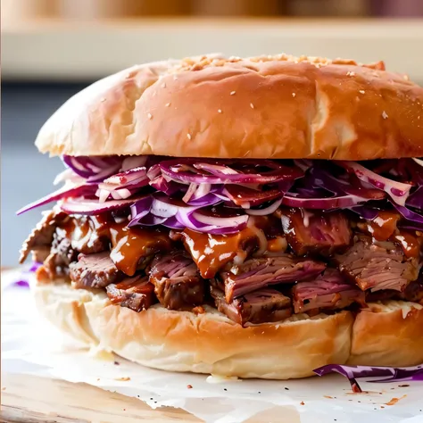 a close up of a pulled pork sandwich with red cabbage on a bun, pulled pork sandwich, smoked layered, wet shredded red meat, ❤🔥🍄🌪, yummy, smoky, sloppy, red meat shreds, ribs, version 3, easy, beef, dripping bbq sauce, stunning image, insanly detailed, jui...