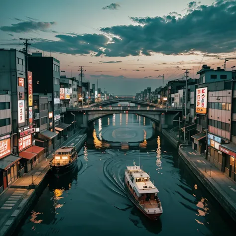 osaka city reference, city street with a river and a bridge at night and cruiser ship at middle of river, japanese city at night, japanese neon signs, japan at night, japanese city, glowing light, bird eye view