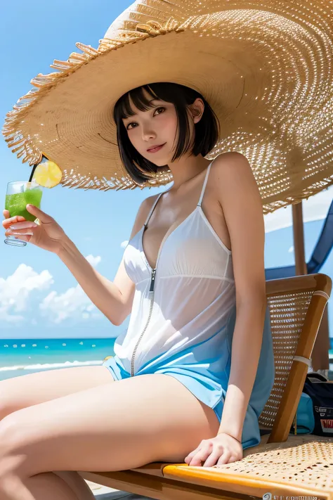 (High Definition), One Women, Japan Person, Cute, Black hair long, Wearing Summer Dress White, exposing front zipper bra-top Baby-blue, Big straw Hat, leaning Side table, Walking on Board walk at Beach Side, looking side glance, spread legs, show woman sha...