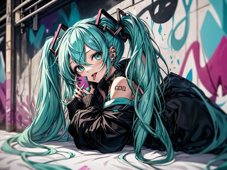 (hatsune_miku:1.2), (tongue piercing:1.2), tongue , black mask_pull, Graffiti, ear piercing , makeup, full body , graffiti wall ,choker shot, choker, holding an iPhone, laying on the bed.