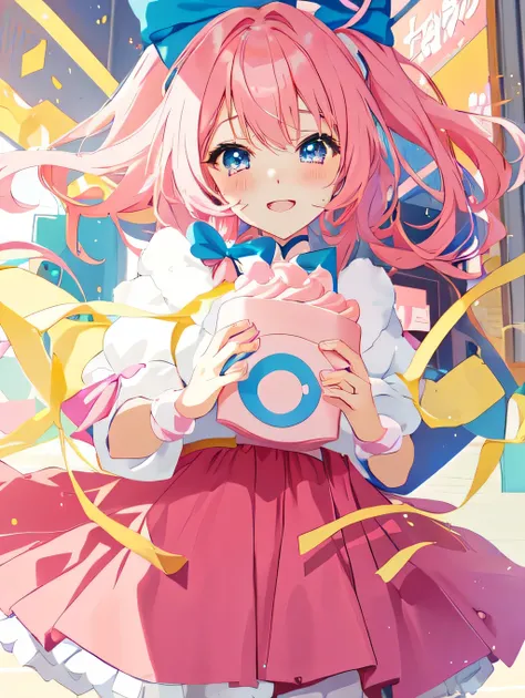 anime girl with pink hair and blue bow holding a cake, (anime girl), cute anime girl, young anime girl, anime visual of a cute girl, anime girl, anime moe artstyle, pretty anime girl, anime style 4 k, an anime girl, beautiful anime girl, splash art anime ,...