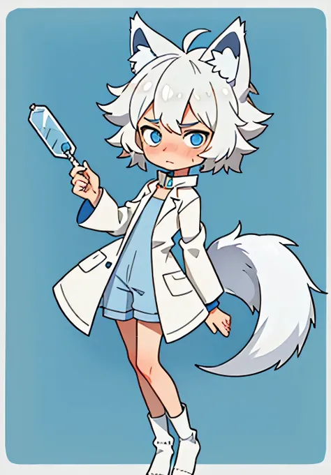 Complete details, young man, 16 years old, slim, short hair, messy hair, white hair, shy, blush on nose, full body, gown, no pants, collar, (  Expression of discomfort), looking at viewer, blue eyes, (wolf ears, no human ears, wolf tail), alone, laboratory...