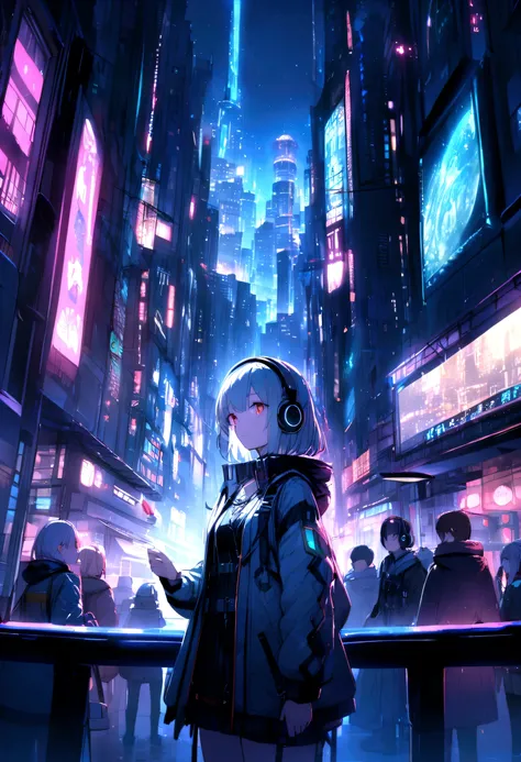 music、headphone、A futuristic city、One Girl、Are standing、neon、Music World、Night view at night、