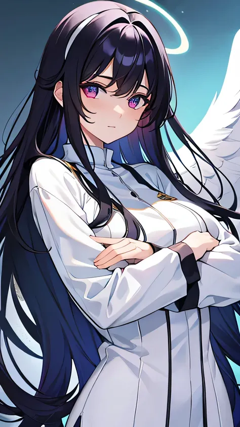 glowing light, masterpiece, accurate, textured skin, super detail, best quality, high details, black hair, parted bangs, very long hair, shiny hair, halo, blue hairband, color contact lenses, fingersmile, angel, angel wings, Bird feathers fluttering in the...