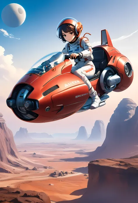 Create a detailed image of a supermodel beauty female astronaut riding a futuristic hoverbike on an alien planet. The astronaut should be wearing a sleek, advanced spacesuit with a transparent helmet, showcasing her determined expression. Her spacesuit sho...