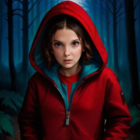 milli3 woman, millie bobby brown, 1 girl wearing red jacket and hood, netflix, stranger things, eleven, in a dark forest, front ...