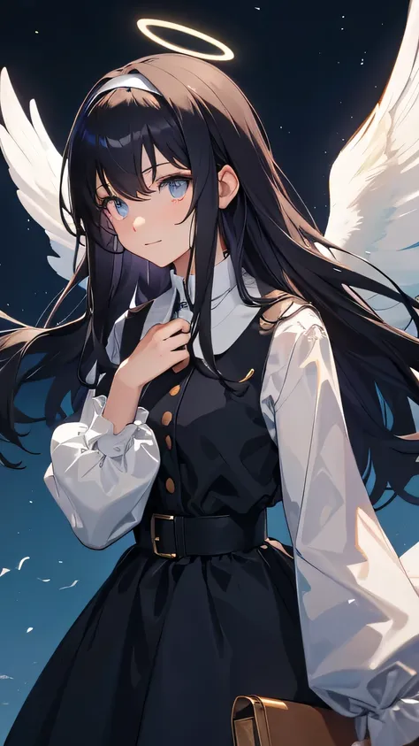 glowing light, masterpiece, accurate, textured skin, super detail, best quality, high details, black hair, parted bangs, very long hair, shiny hair, halo, blue hairband, color contact lenses, fingersmile, ((angel)), ((angel wings)), (Bird feathers flutteri...