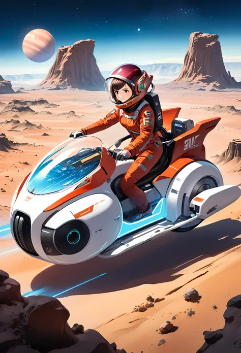 create a detailed image of a female astronaut riding a futuristic hoverbike on an alien planet. the astronaut should be wearing ...