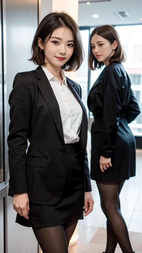 Delicate makeup，Two women standing side by side、、Cool Beauty,　Accurately express the fine details of the face and skin texture,(The most beautiful face and eyes), Delicate skin,Looking into the camera、Short Haircut、smile、Jacket、shirt、((Are standing:1.3))、(...