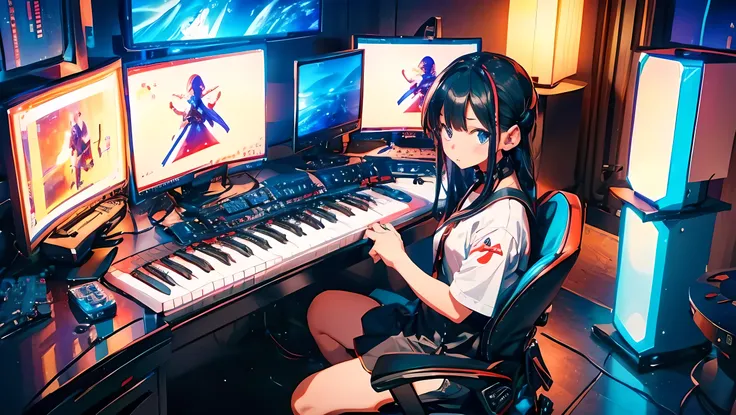 high resolution,High definition,high quality,Girl playing games,gaming computer,Erogeo Art Style, Arte Roffie, zero vibrations, Hip Hop Lofi,aesthetic, Lo-fi art, Lo-fi illustration style, zero, Portrait of Roffey, vibe zero, zero, Chill Hop, Anime Aesthet...