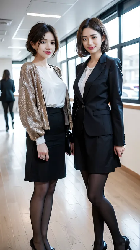 Delicate makeup，Two women standing side by side、、Cool Beauty,　Accurately express the fine details of the face and skin texture,(The most beautiful face and eyes), Delicate skin,Looking into the camera、Short Haircut、smile、Jacket、shirt、((Are standing:1.3))、(...