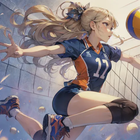  masterpiece, (textured skin), best quality, gorgeous beautiful girl, (a female volleyball athlete), detailed clothes,large breasts,narrow waist,, (beautiful face), cinematic lighting, (at volleyball venue ),