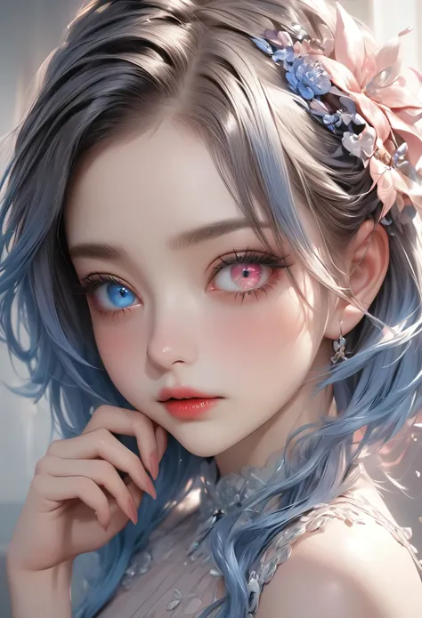 devilishly cute charming girl, ((((heterochromia - red and blue eye color))))、through the bangs, beautiful attention to detail, ...