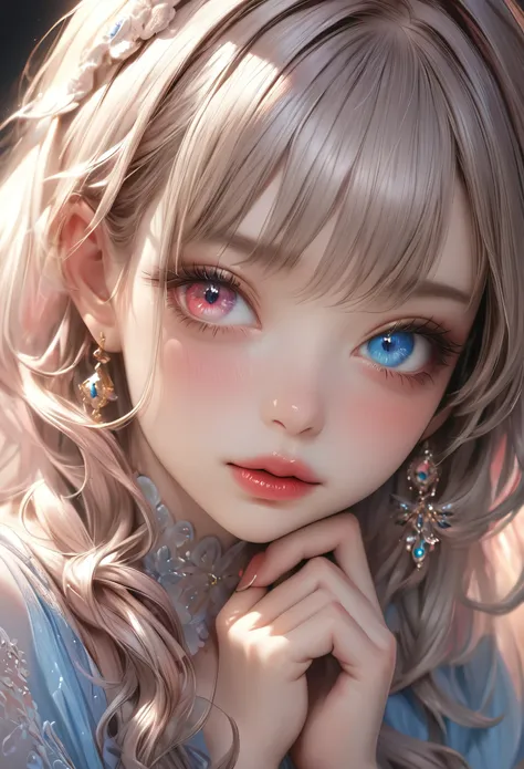 devilishly cute charming girl, ((((heterochromia - red and blue eye color))))、through the bangs, beautiful attention to detail, ...