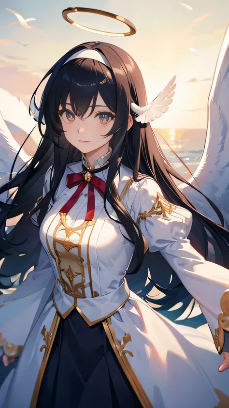 glowing light, masterpiece, accurate, textured skin, super detail, best quality, high details, black hair, parted bangs, very long hair, shiny hair, halo, blue hairband, color contact lenses, fingersmile, ((angel)), ((angel wings)), (Bird feathers flutteri...