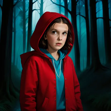 milli3 woman, millie bobby brown, 1 girl wearing red jacket and hood, netflix, stranger things, eleven, in a dark forest, front view,