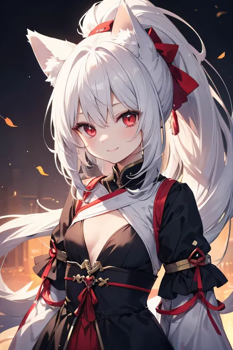 Silver Hair、Red Eye、Fox ears、girl、Small breasts、ponytail、girl、Small breasts、A cheerful smile、Looks about 15 years old、Petan Musume、He is short