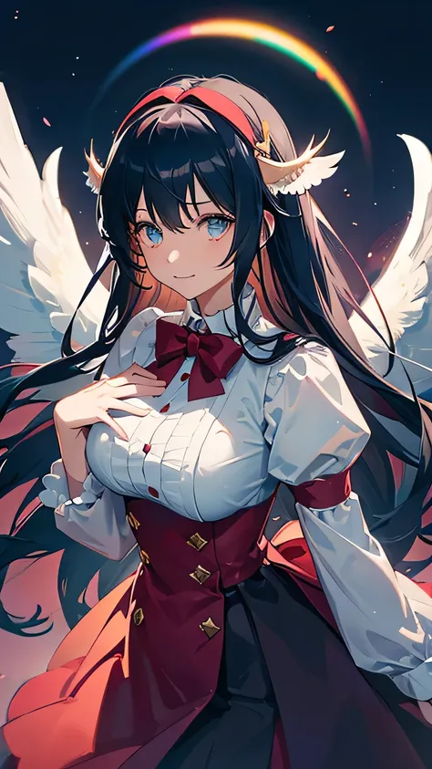 glowing light, masterpiece, accurate, textured skin, super detail, best quality, high details, black hair, parted bangs, very long hair, shiny hair, halo, blue hairband, color contact lenses, fingersmile, ((angel)), ((angel wings)), (Bird feathers flutteri...