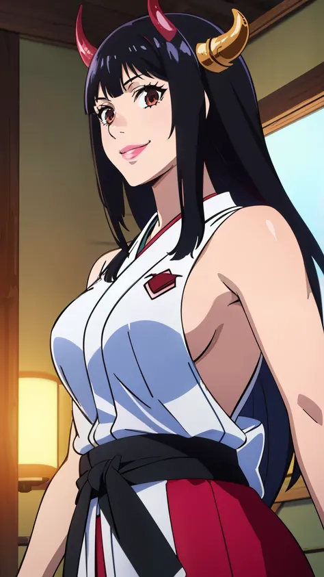 Ultra HD CGI animation 8k, Very detailed, Digital Art Painting, 1 girl, Pink Lips, Shiny, Happy, smile, Looking at the audience, Blunt bangs, Princess cut bangs, Black Hair, Long Hair,(horns, jewelry, japanese clothing, sleeveless, bare shoulders, side bus...