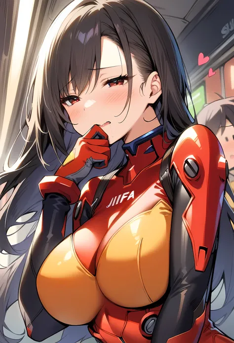 masterpiece, best quality, very aesthetic, absurdres, heart, 1girl, upper body, one_hand_cover_mouth, blush, jitome, half closed eyes,embarrassed,saliva,,tifa lockhart, final fantasy, long black hair, red eyes,,plugsuit, pilot suit, red bodysuit,,in subway...