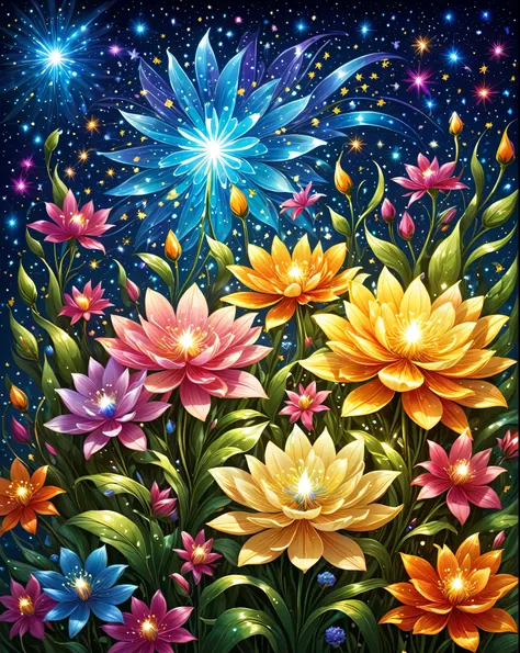 ((best quality)), ((masterpiece)), (detailed), very colorful detailed illustration of shiny luminous flowers, power of life, power of creation, all colors shiny stars are on the background 