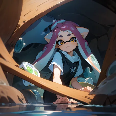 masterpiece、Highest quality、High resolution、Inside the cave, water, bridge, Real Anime、3d、((Splatoon Girl))、Golden Eyes、Beautiful Eyes、Golden tentacle hair、Explorer&#39;s outfit、Open front clothing、gigantic breast、Cleavage、Helmet、Dirty Face、Girl looking at...