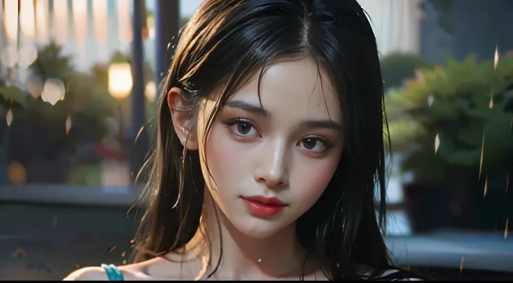 (best quality, 4K, masterpiece :1.3), Pretty Woman, 1 woman, (chest, attractive body :1.2), Abs :1.1, dark brown hair: 1.1, (Wet in the rain, soaked in the rain, wet body :1.2), very detailed face, detailed lips, detailed eyes, double eyelid