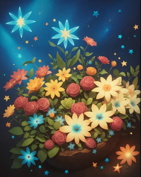 ((best quality)), ((masterpiece)), (detailed), very colorful detailed illustration of shiny luminous flowers growing out of an ancient soil, power of life, power of creation, all colors shiny stars are on the background 